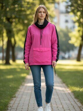 Pink Fleece Cowl Neck Anorak Jacket Front Flap Pocket Pullover